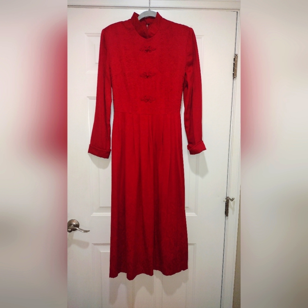 Classic Red Long Sleeve Dress - Elegant Mandarin Collar